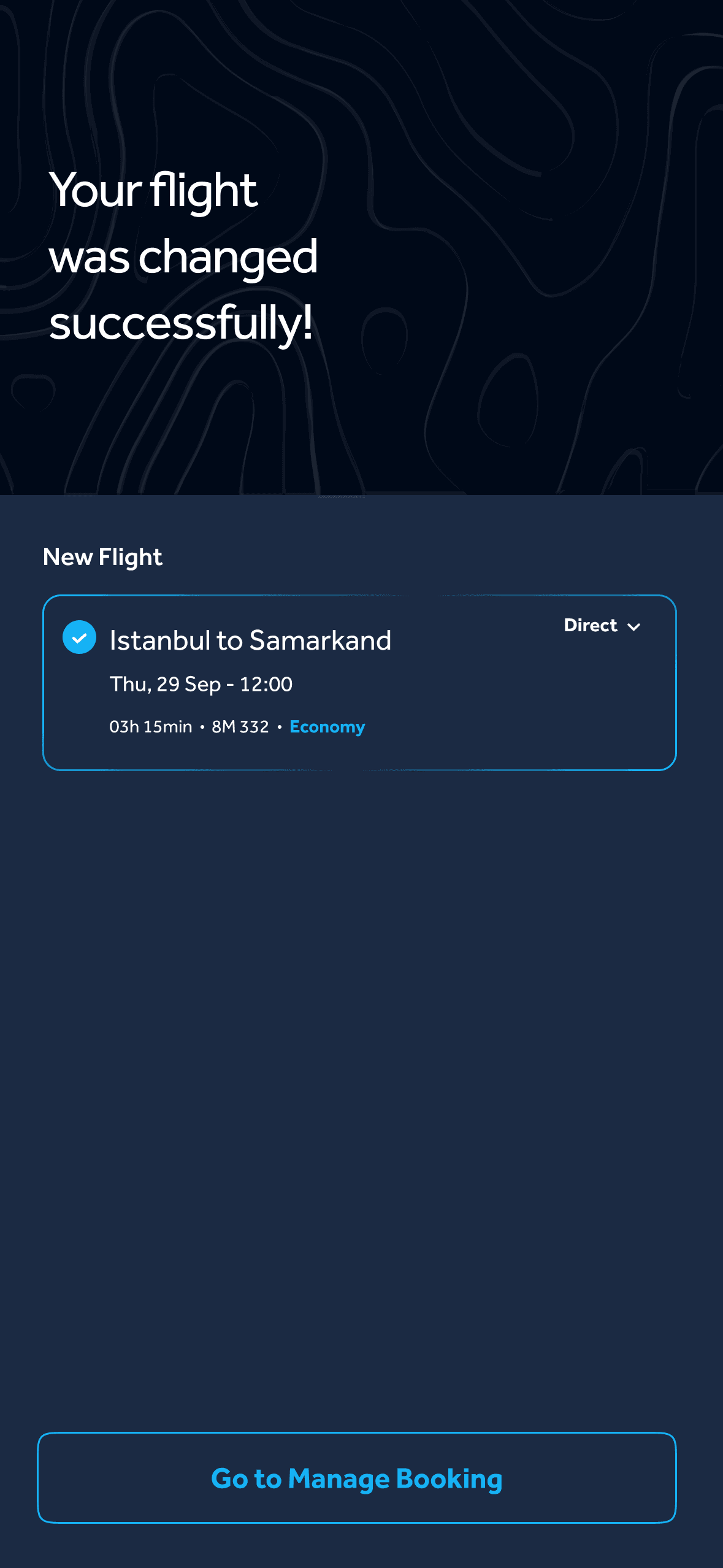 Your flight was changed successfully — new flight and Go to Manage Booking