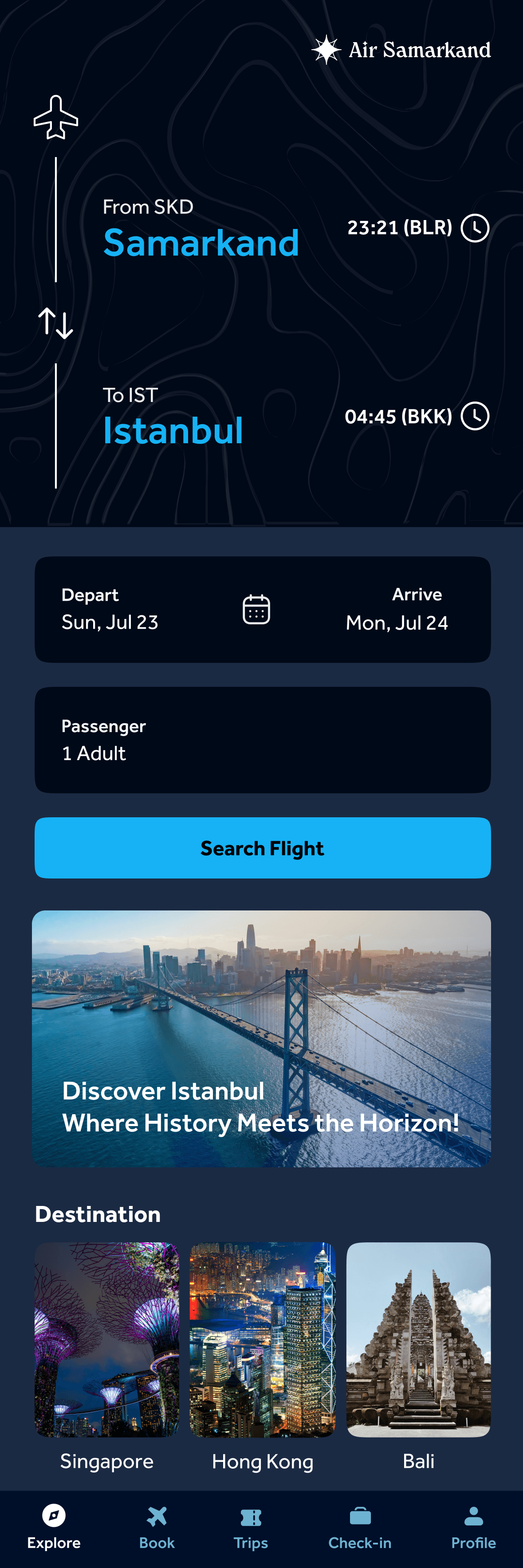 Air Samarkand app home — Samarkand to Istanbul route card, dates, passenger, search, a destination banner and destination tiles