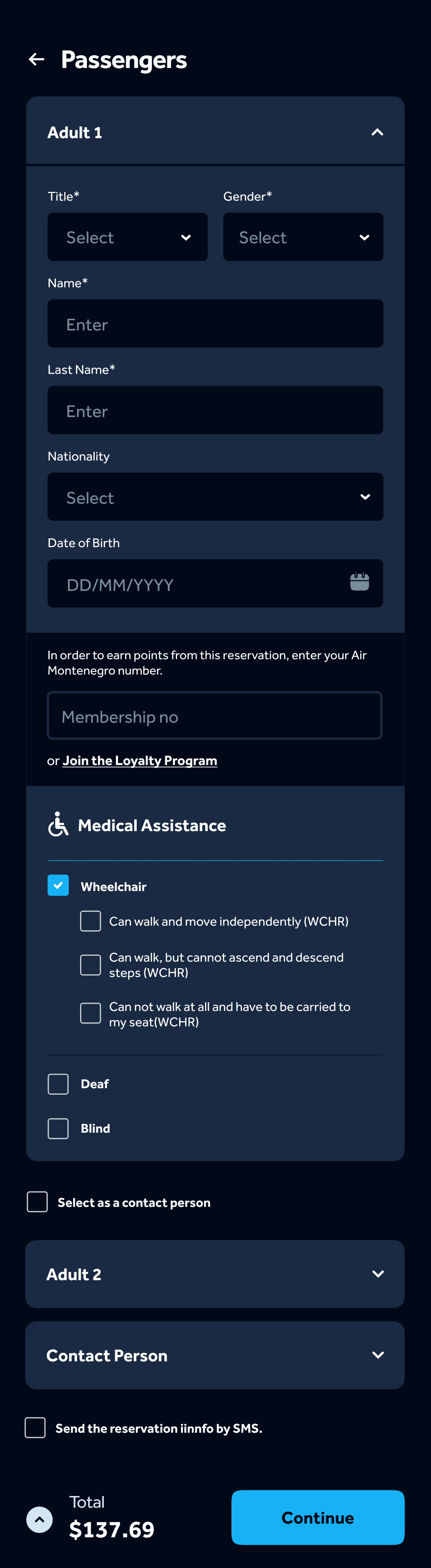 Passenger details form — name, nationality, date of birth, membership number and medical assistance