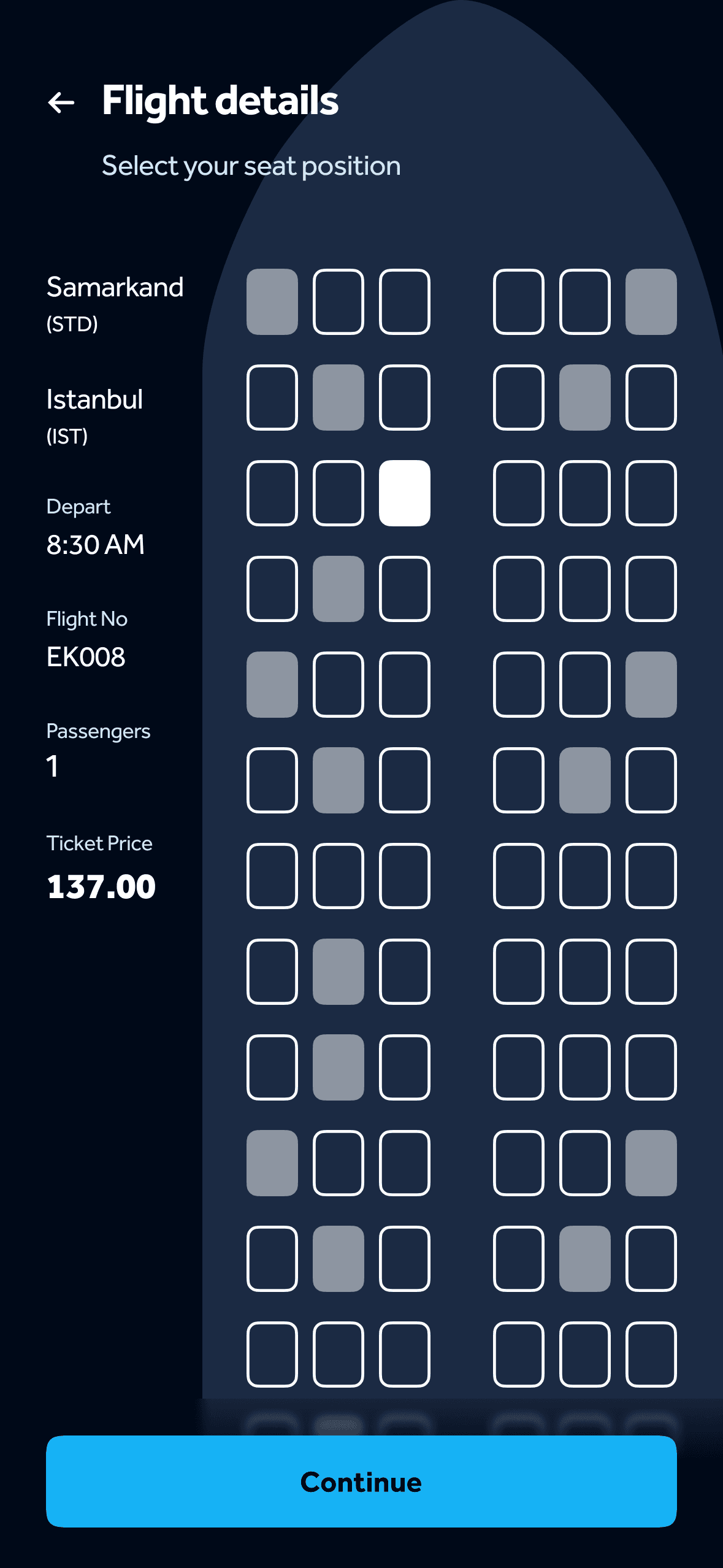 Flight details — seat map with flight number, passengers and ticket price