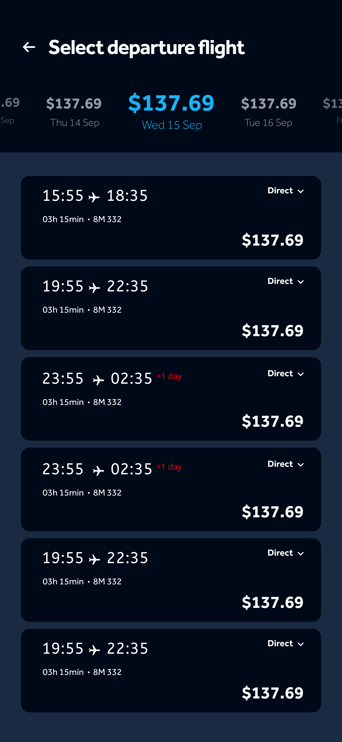 Select departure flight — fares by date and a list of flights