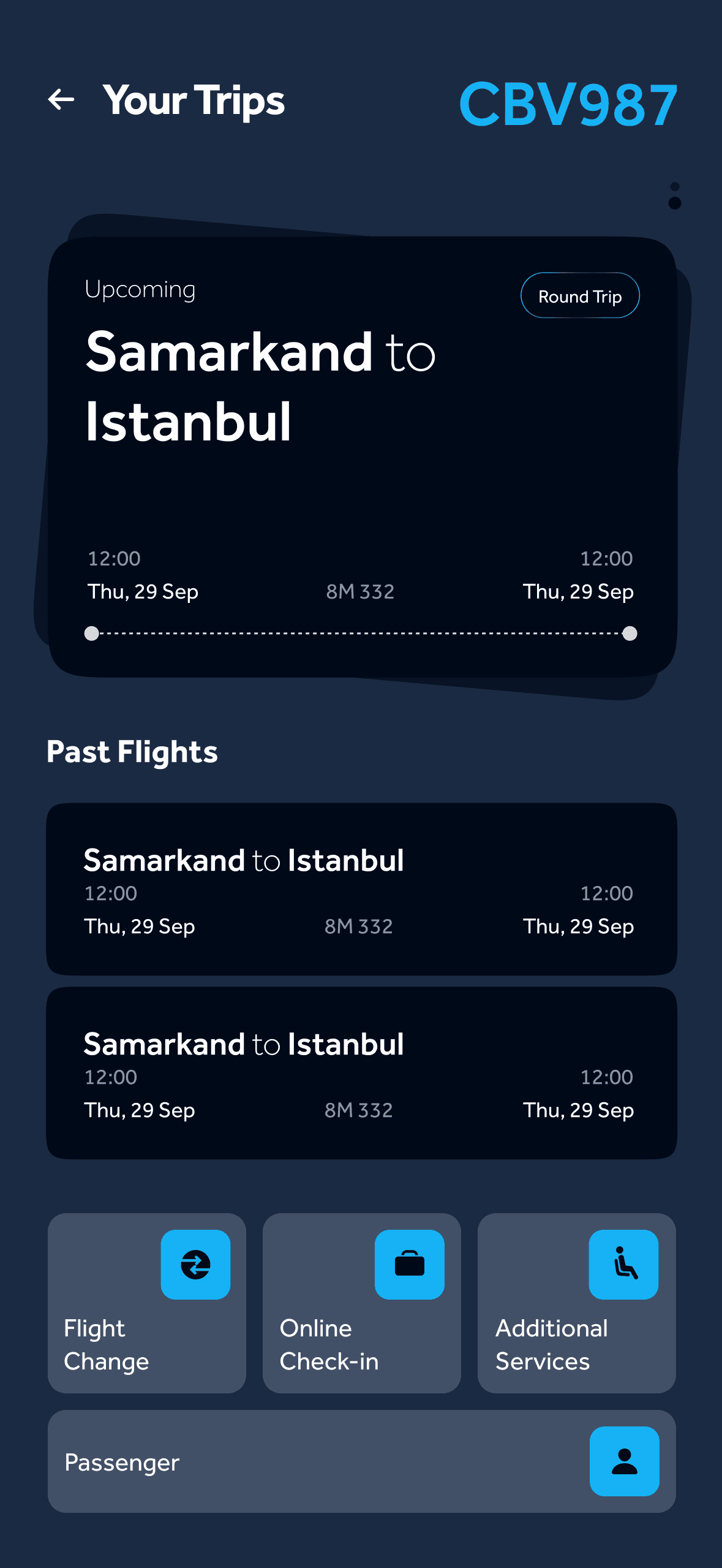 Your Trips — upcoming trip, past flights and post-booking actions