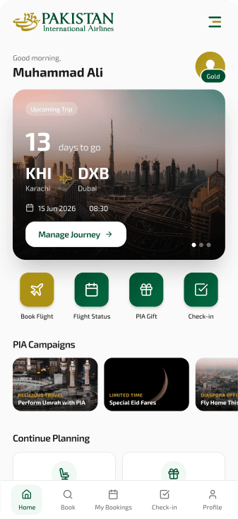 PIA mobile app home screen with upcoming trip
