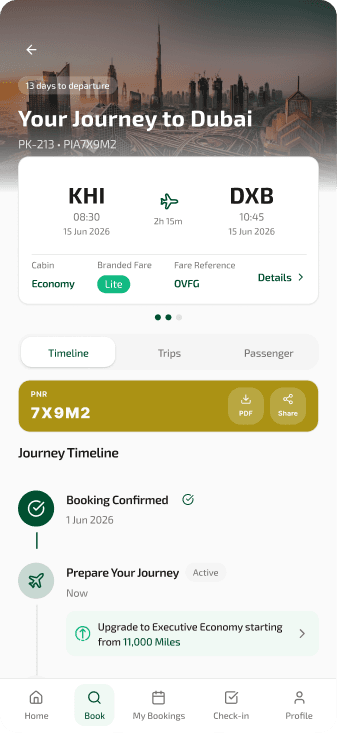 PIA mobile app journey screen — trip details and timeline