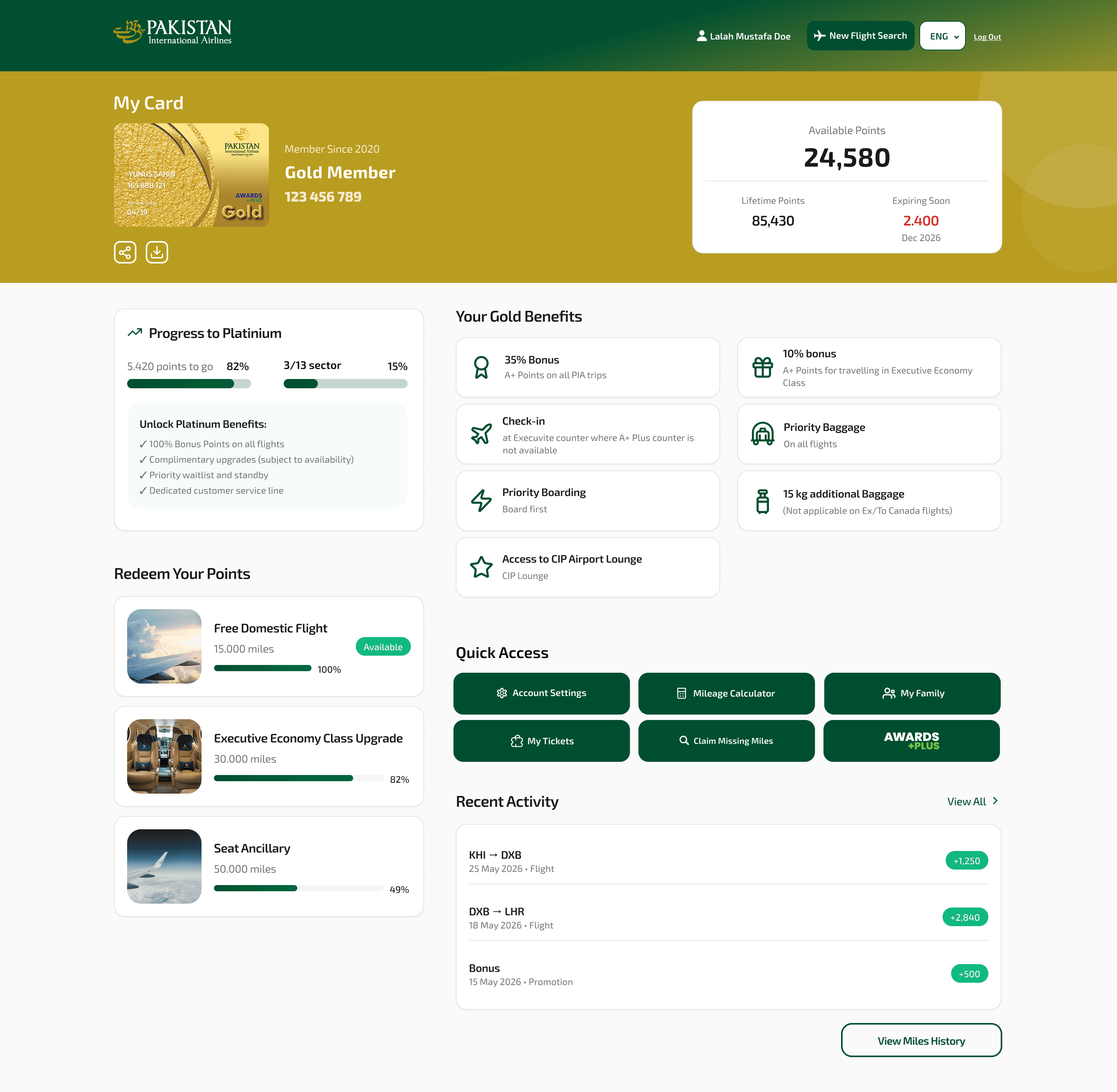 PIA web loyalty dashboard