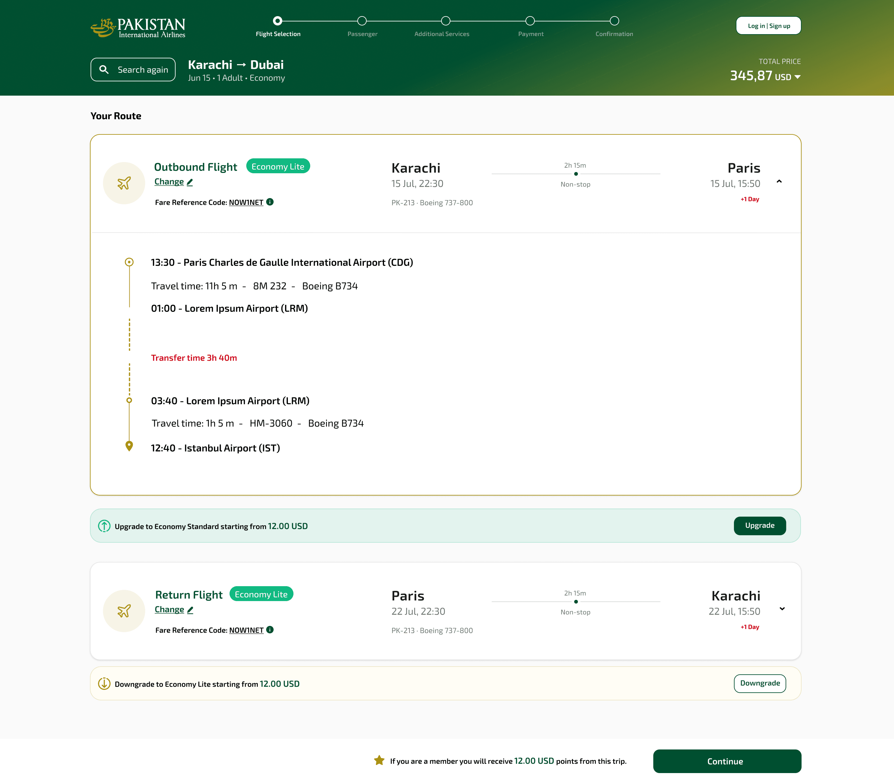 PIA web booking engine — multi-leg route detail with transfer time