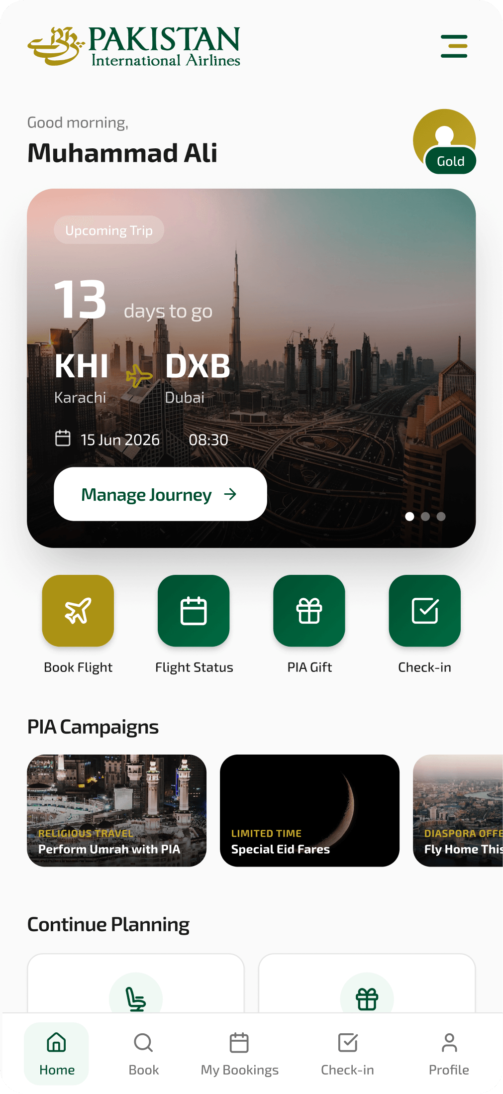 PIA mobile app home screen, signed in — greeting, upcoming trip, quick actions and campaigns