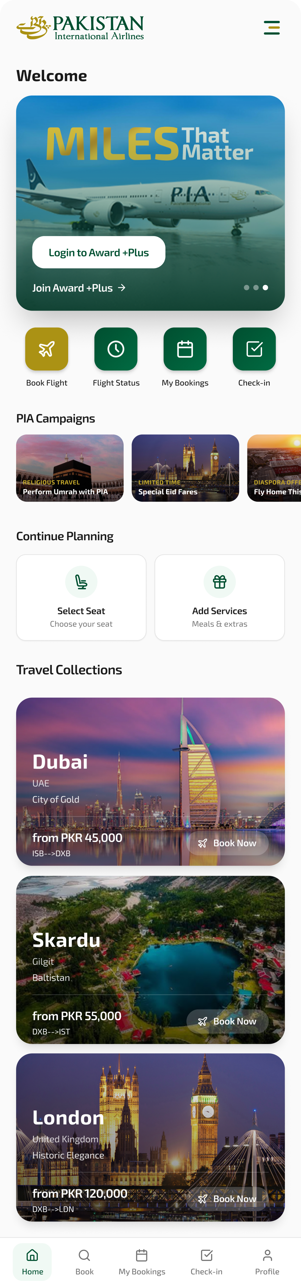 PIA mobile app home screen for a guest — Login to Award +Plus, quick actions, campaigns and travel collections