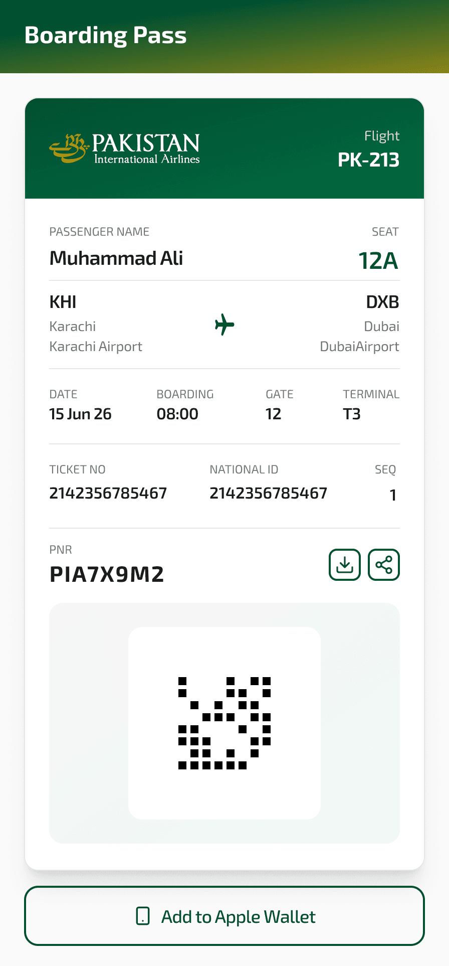 PIA mobile app boarding pass