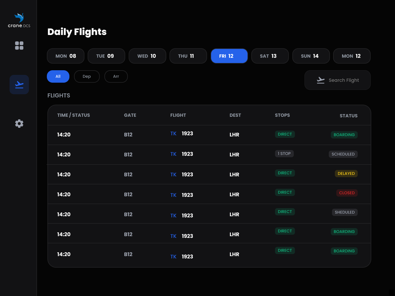 Crane DCS daily flights — date strip, filters and flight statuses