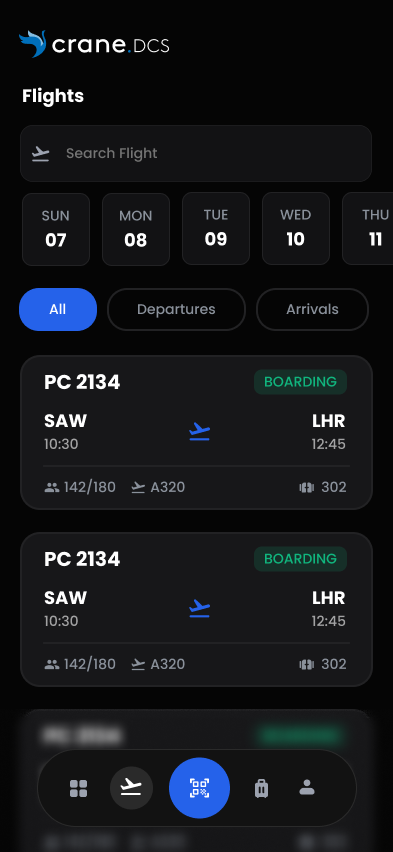 Crane DCS on mobile — flight list with date strip