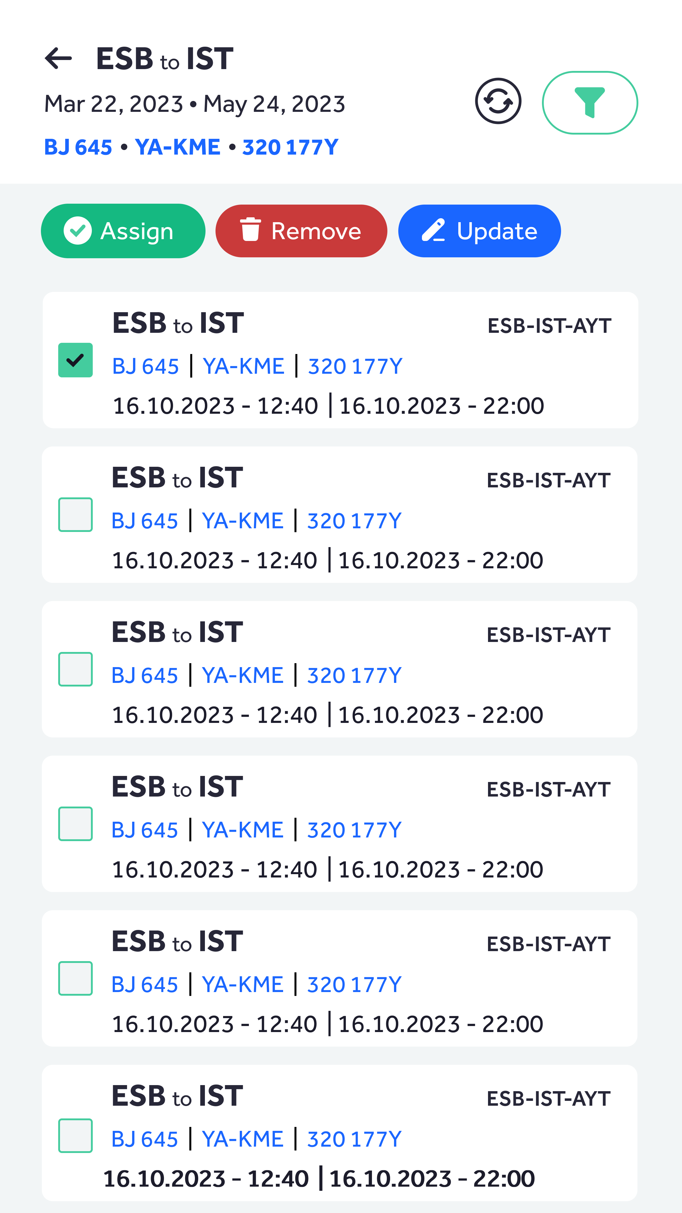 Crane WB, light — flight list with assign, remove and update