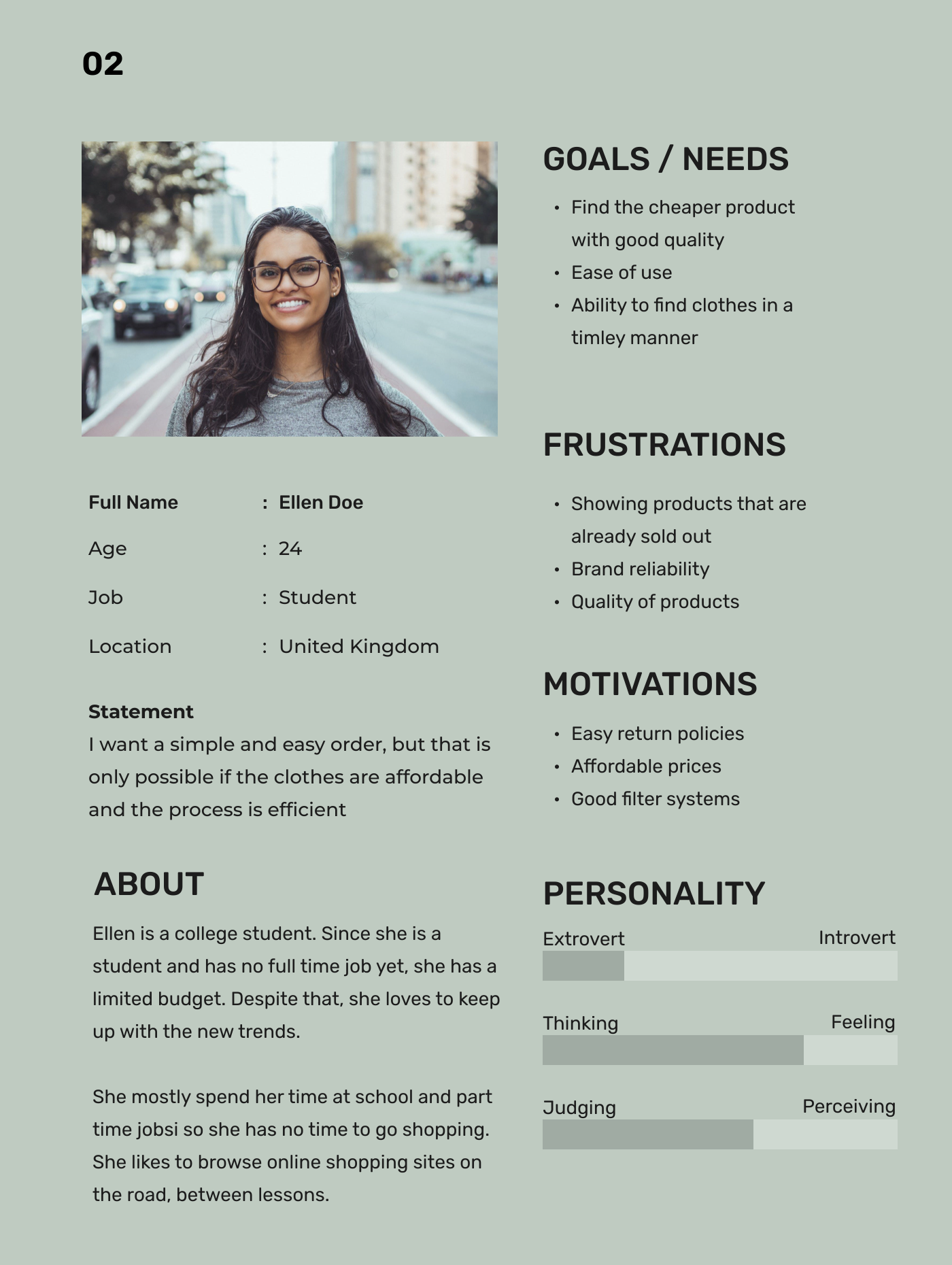 Persona 02 — Ellen Doe, 24, student, United Kingdom: goals, frustrations, motivations and personality
