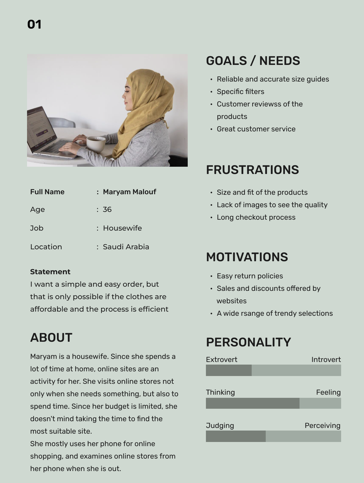 Persona 01 — Maryam Malouf, 36, housewife, Saudi Arabia: goals, frustrations, motivations and personality