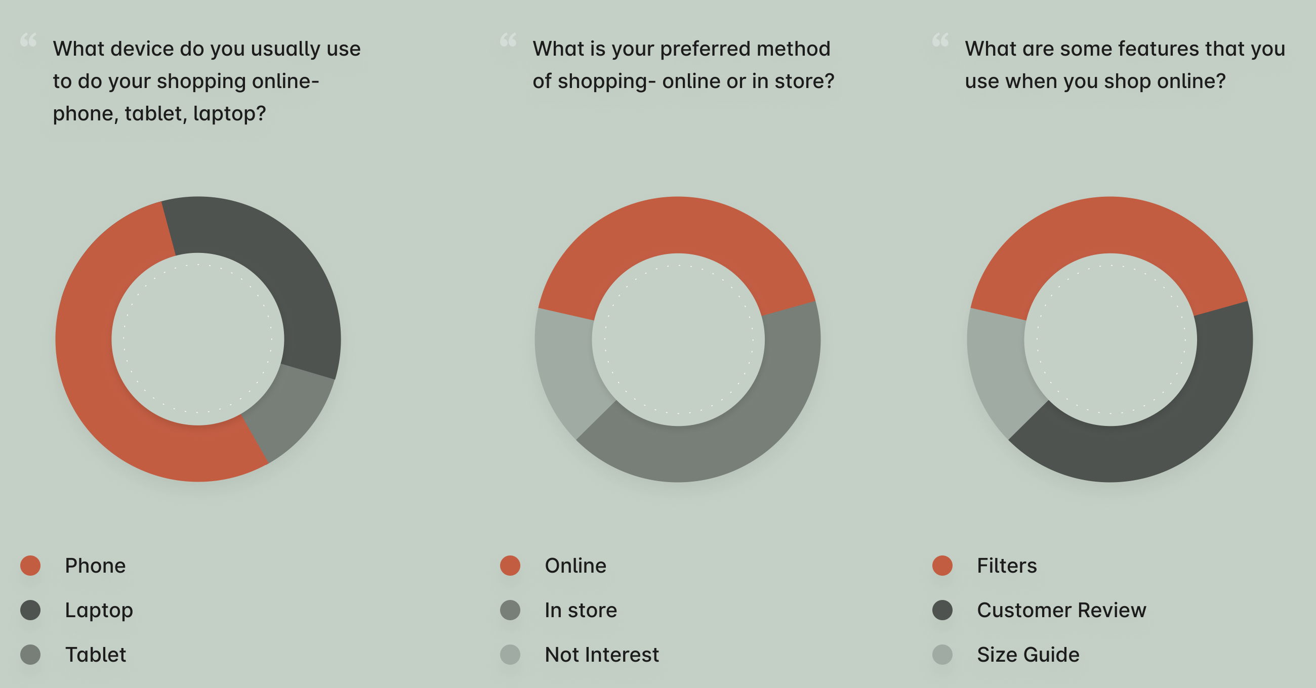 Survey results — preferred device (phone, laptop, tablet), preferred shopping method (online, in store, not interested), and most-used features (filters, customer review, size guide)