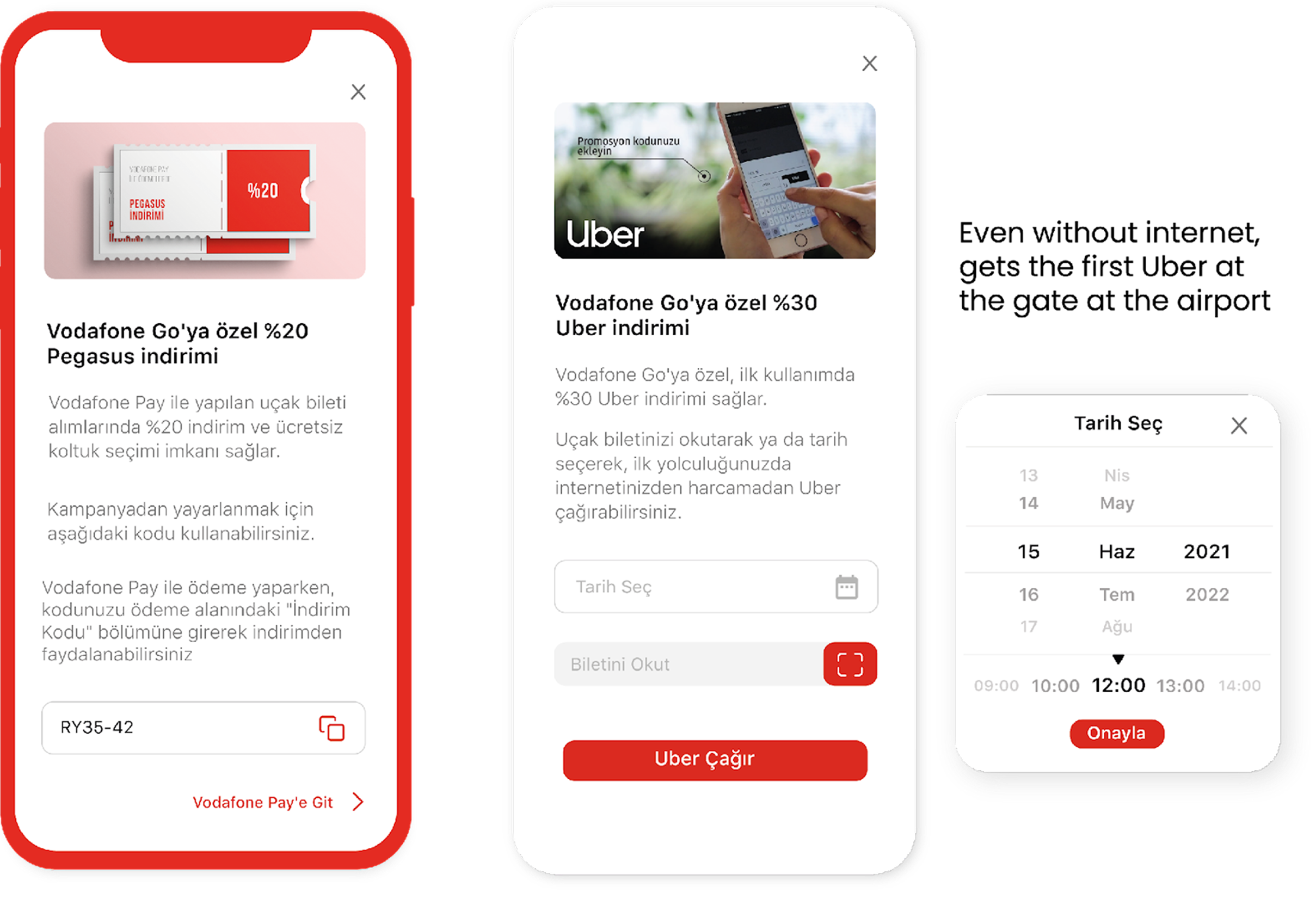 Partner campaigns: Pegasus flight discount, Uber first-ride discount and date selection