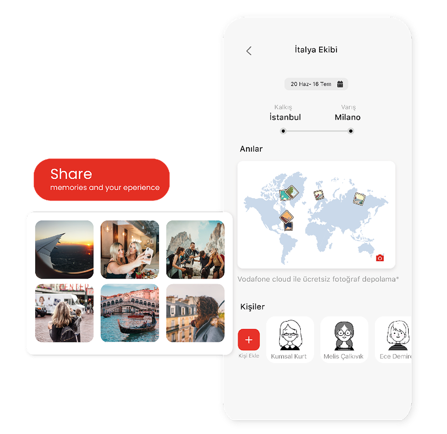 Share memories photo collection beside the team's memories screen with a map of trip photos