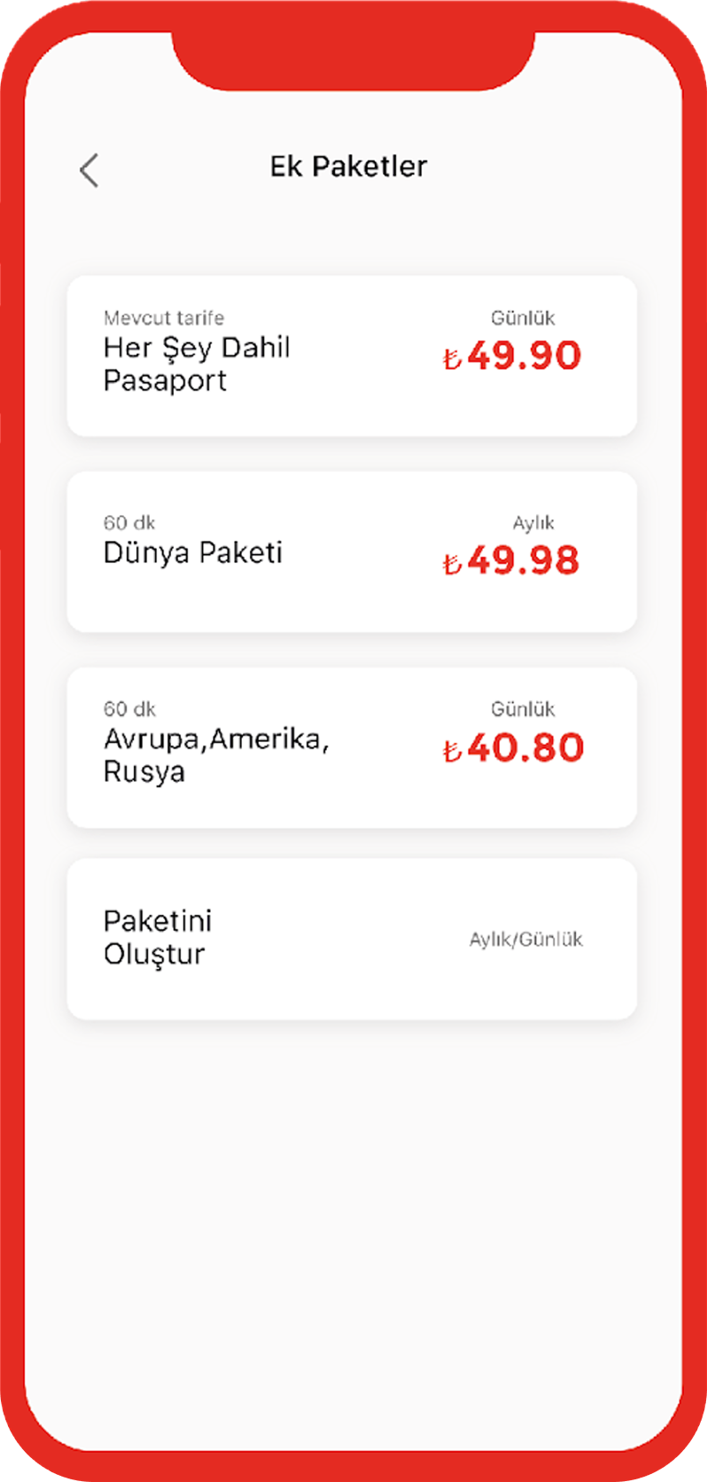 Additional travel packages list ending in Create your package