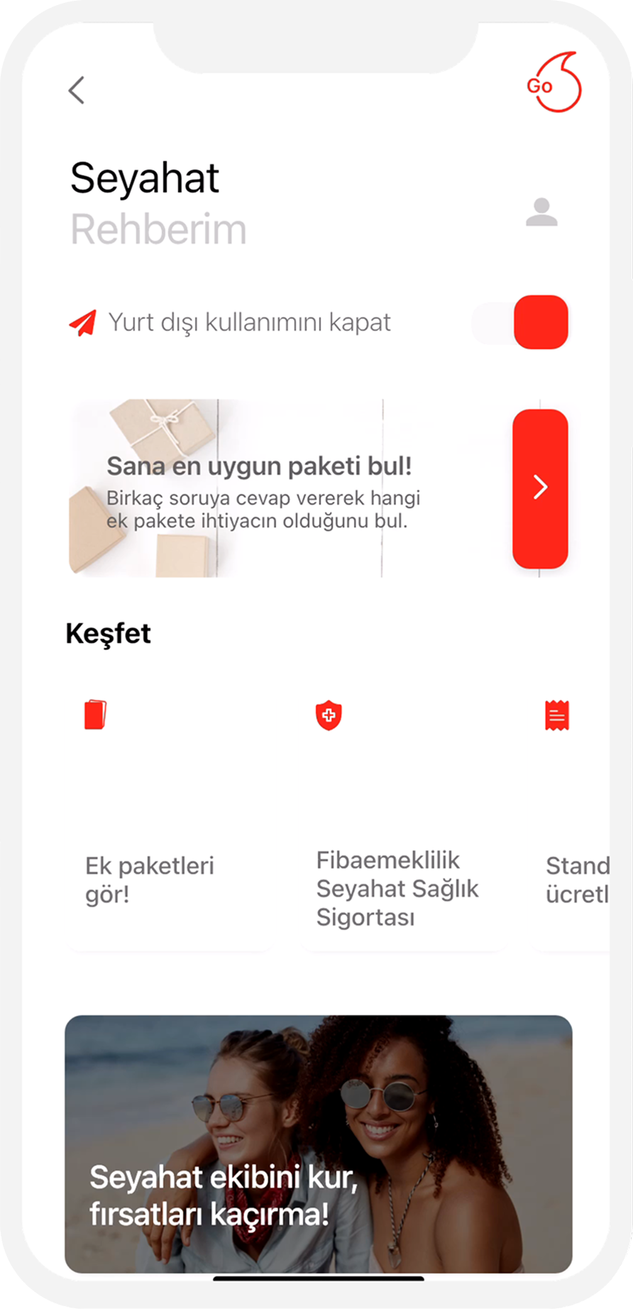 Vodafone Go travel guide with the find-the-right-package entry and Explore services