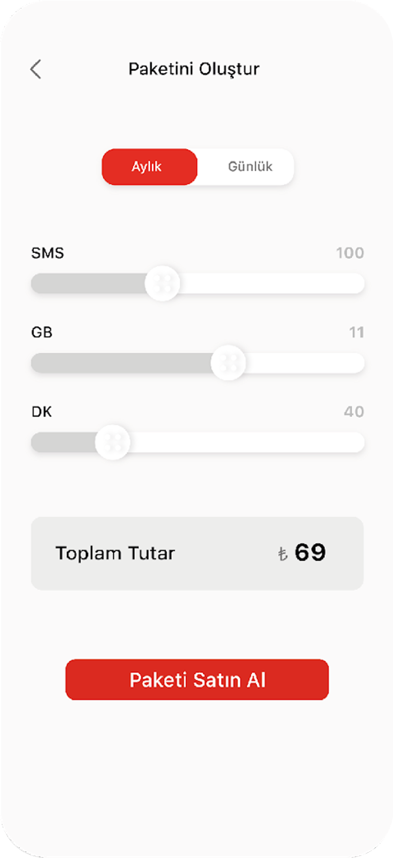 Create your package: monthly or daily, SMS, data and minutes sliders, and the total price